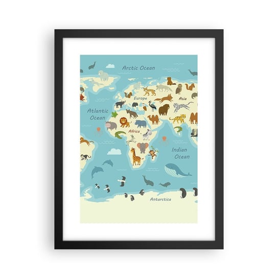 Obraz - Plakat - Dobrzy sąsiedzi - 30x40cm - Mapa Świata Mapa Ze Zwierzętami Zwierzęta - Foto Plakaty na ścianę w czarnej ramie - Plakat do Salonu Sypialni ARTTOR ARTTOR