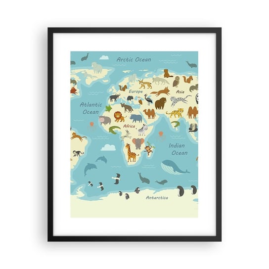 Obraz - Plakat - Dobrzy sąsiedzi - 40x50cm - Mapa Świata Mapa Ze Zwierzętami Zwierzęta - Foto Plakaty w ramie koloru czarnego do Salonu Sypialni ARTTOR ARTTOR