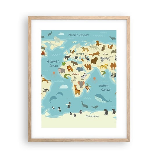 Obraz - Plakat - Dobrzy sąsiedzi - 40x50cm - Mapa Świata Mapa Ze Zwierzętami Zwierzęta - Foto Plakaty w ramie koloru jasny dąb do Salonu Sypialni ARTTOR ARTTOR