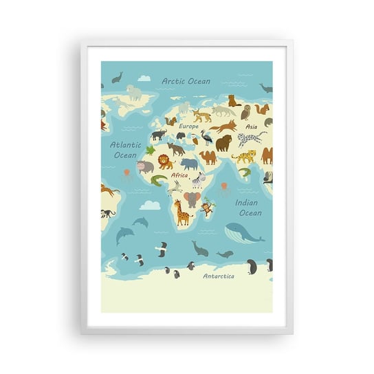 Obraz - Plakat - Dobrzy sąsiedzi - 50x70cm - Mapa Świata Mapa Ze Zwierzętami Zwierzęta - Nowoczesny modny obraz Plakat rama biała ARTTOR ARTTOR