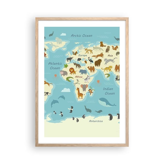 Obraz - Plakat - Dobrzy sąsiedzi - 50x70cm - Mapa Świata Mapa Ze Zwierzętami Zwierzęta - Nowoczesny modny obraz Plakat rama jasny dąb ARTTOR ARTTOR
