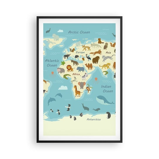 Obraz - Plakat - Dobrzy sąsiedzi - 61x91cm - Mapa Świata Mapa Ze Zwierzętami Zwierzęta - Foto Plakaty na ścianę w czarnej ramie - Plakat do Salonu Sypialni ARTTOR ARTTOR