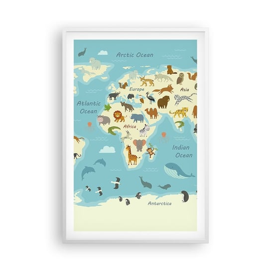 Obraz - Plakat - Dobrzy sąsiedzi - 61x91cm - Mapa Świata Mapa Ze Zwierzętami Zwierzęta - Foto Plakaty na ścianę w ramie białej - Plakat do Salonu Sypialni ARTTOR ARTTOR