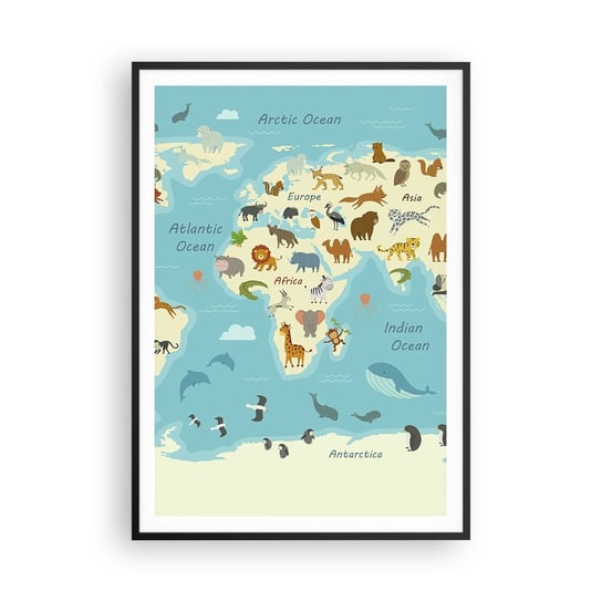 Obraz - Plakat - Dobrzy sąsiedzi - 70x100cm - Mapa Świata Mapa Ze Zwierzętami Zwierzęta - Foto Plakaty w ramie koloru czarnego do Salonu Sypialni ARTTOR ARTTOR