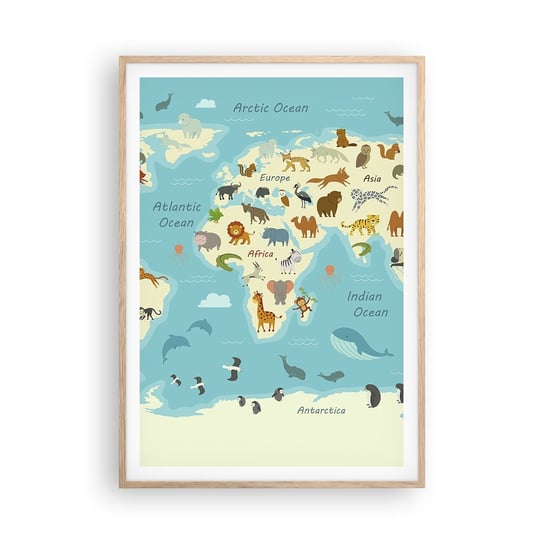 Obraz - Plakat - Dobrzy sąsiedzi - 70x100cm - Mapa Świata Mapa Ze Zwierzętami Zwierzęta - Foto Plakaty w ramie koloru jasny dąb do Salonu Sypialni ARTTOR ARTTOR