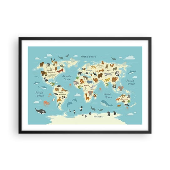 Obraz - Plakat - Dobrzy sąsiedzi - 70x50cm - Mapa Świata Mapa Ze Zwierzętami Zwierzęta - Nowoczesny modny obraz Plakat czarna rama ARTTOR ARTTOR