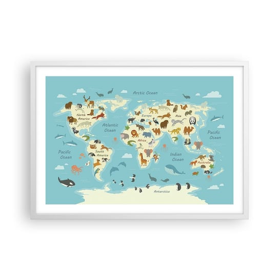 Obraz - Plakat - Dobrzy sąsiedzi - 70x50cm - Mapa Świata Mapa Ze Zwierzętami Zwierzęta - Nowoczesny modny obraz Plakat rama biała ARTTOR ARTTOR