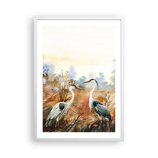 Obraz - Plakat - Dokąd jesienią? - 50x70cm - Żuraw Ptaki Natura - Nowoczesny modny obraz Plakat rama biała ARTTOR ARTTOR