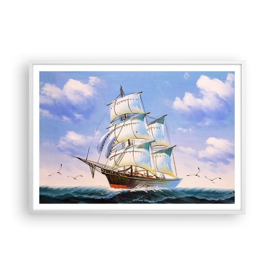 Obraz - Plakat - Dumnie z wiatrem - 100x70cm - Marynistyczny Żaglowiec Ocean - Foto Plakaty w ramie koloru białego do Salonu Sypialni ARTTOR ARTTOR