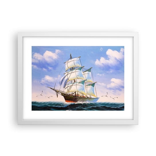 Obraz - Plakat - Dumnie z wiatrem - 40x30cm - Marynistyczny Żaglowiec Ocean - Foto Plakaty na ścianę w ramie białej - Plakat do Salonu Sypialni ARTTOR ARTTOR