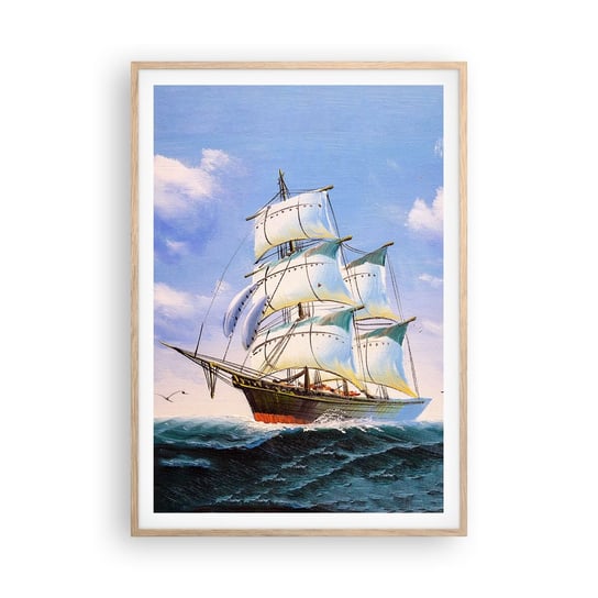 Obraz - Plakat - Dumnie z wiatrem - 70x100cm - Marynistyczny Żaglowiec Ocean - Foto Plakaty w ramie koloru jasny dąb do Salonu Sypialni ARTTOR ARTTOR