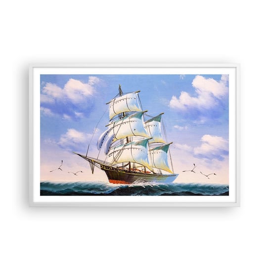 Obraz - Plakat - Dumnie z wiatrem - 91x61cm - Marynistyczny Żaglowiec Ocean - Foto Plakaty na ścianę w ramie białej - Plakat do Salonu Sypialni ARTTOR ARTTOR