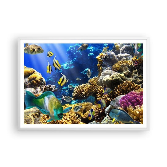 Obraz - Plakat - Duży ruch na wakacyjnym szlaku - 100x70cm - Rafa Koralowa Ocean Ryby - Foto Plakaty w ramie koloru białego do Salonu Sypialni ARTTOR ARTTOR