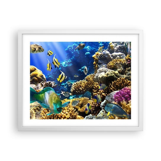 Obraz - Plakat - Duży ruch na wakacyjnym szlaku - 50x40cm - Rafa Koralowa Ocean Ryby - Foto Plakaty w ramie koloru białego do Salonu Sypialni ARTTOR ARTTOR