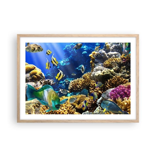 Obraz - Plakat - Duży ruch na wakacyjnym szlaku - 70x50cm - Rafa Koralowa Ocean Ryby - Nowoczesny modny obraz Plakat rama jasny dąb ARTTOR ARTTOR