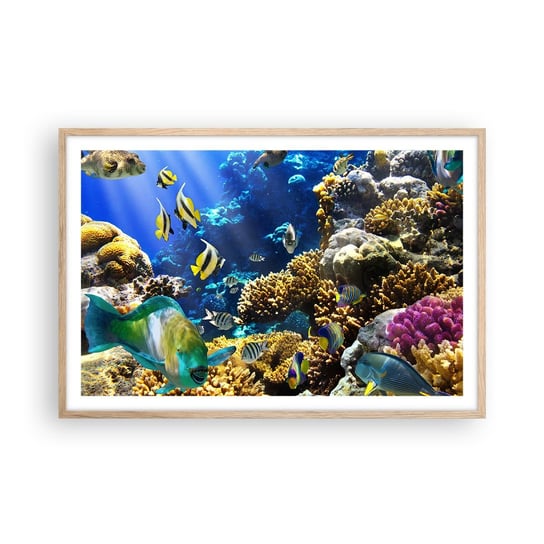 Obraz - Plakat - Duży ruch na wakacyjnym szlaku - 91x61cm - Rafa Koralowa Ocean Ryby - Foto Plakaty na ścianę w ramie jasny dąb - Plakat do Salonu Sypialni ARTTOR ARTTOR