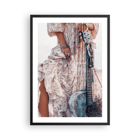 Obraz - Plakat - Dzieci kwiaty w drodze - 50x70cm - Kobieta Boho Gitara - Nowoczesny modny obraz Plakat czarna rama ARTTOR ARTTOR