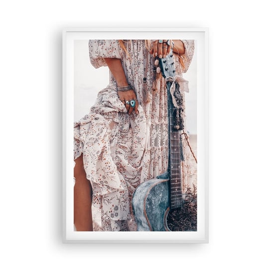 Obraz - Plakat - Dzieci kwiaty w drodze - 61x91cm - Kobieta Boho Gitara - Foto Plakaty na ścianę w ramie białej - Plakat do Salonu Sypialni ARTTOR ARTTOR