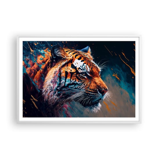 Obraz - Plakat - Dzikie piękno - 100x70cm - Tygrys Kolorowy Zwierzę - Foto Plakaty w ramie koloru białego do Salonu Sypialni ARTTOR ARTTOR