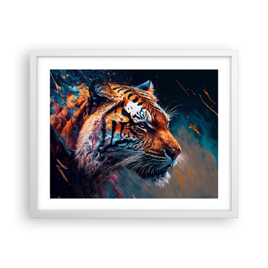 Obraz - Plakat - Dzikie piękno - 50x40cm - Tygrys Kolorowy Zwierzę - Foto Plakaty w ramie koloru białego do Salonu Sypialni ARTTOR ARTTOR