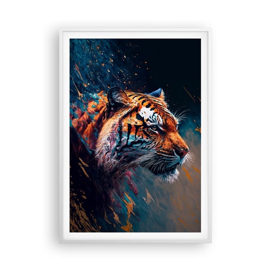 Obraz - Plakat - Dzikie piękno - 70x100cm - Tygrys Kolorowy Zwierzę - Foto Plakaty w ramie koloru białego do Salonu Sypialni ARTTOR ARTTOR