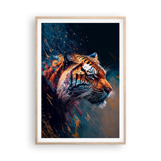 Obraz - Plakat - Dzikie piękno - 70x100cm - Tygrys Kolorowy Zwierzę - Foto Plakaty w ramie koloru jasny dąb do Salonu Sypialni ARTTOR ARTTOR