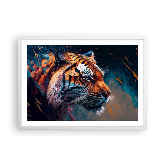 Obraz - Plakat - Dzikie piękno - 70x50cm - Tygrys Kolorowy Zwierzę - Nowoczesny modny obraz Plakat rama biała ARTTOR ARTTOR