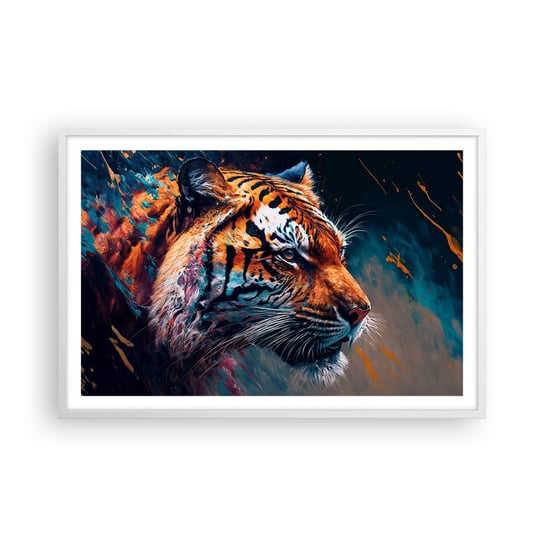 Obraz - Plakat - Dzikie piękno - 91x61cm - Tygrys Kolorowy Zwierzę - Foto Plakaty na ścianę w ramie białej - Plakat do Salonu Sypialni ARTTOR ARTTOR