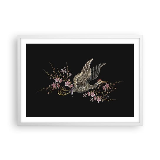 Obraz - Plakat - Egzotyczny, haftowany ptak - 70x50cm - Ptak Grafika Kwiaty - Nowoczesny modny obraz Plakat rama biała ARTTOR ARTTOR