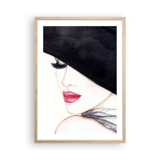 Obraz - Plakat - Elegancja i zmysłowość - 50x70cm - Kobieta Czerwone Usta Czarny Kapelusz - Nowoczesny modny obraz Plakat rama jasny dąb ARTTOR ARTTOR