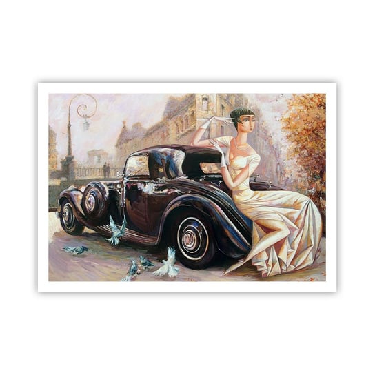 Obraz - Plakat - Elegancja w stylu retro - 100x70cm - Samochód Retro Kobieta Pałac - Foto Plakaty bez ramy na ścianę do Salonu Sypialni ARTTOR ARTTOR
