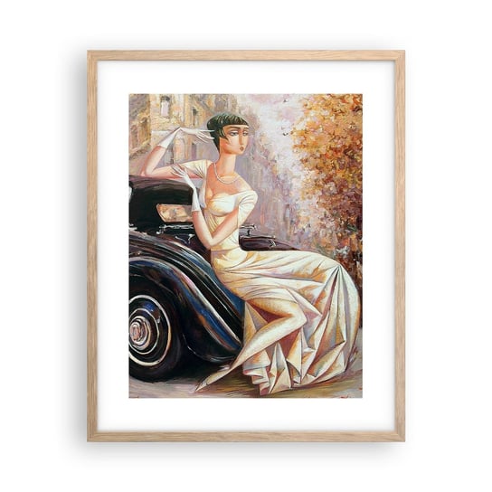 Obraz - Plakat - Elegancja w stylu retro - 40x50cm - Samochód Retro Kobieta Pałac - Foto Plakaty w ramie koloru jasny dąb do Salonu Sypialni ARTTOR ARTTOR