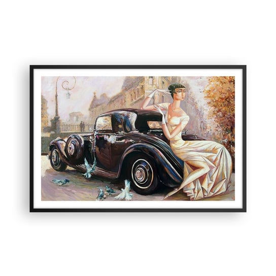 Obraz - Plakat - Elegancja w stylu retro - 91x61cm - Samochód Retro Kobieta Pałac - Foto Plakaty na ścianę w czarnej ramie - Plakat do Salonu Sypialni ARTTOR ARTTOR