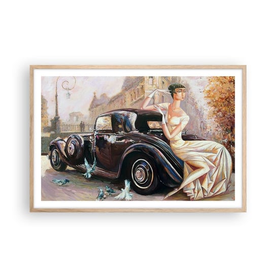 Obraz - Plakat - Elegancja w stylu retro - 91x61cm - Samochód Retro Kobieta Pałac - Foto Plakaty na ścianę w ramie jasny dąb - Plakat do Salonu Sypialni ARTTOR ARTTOR