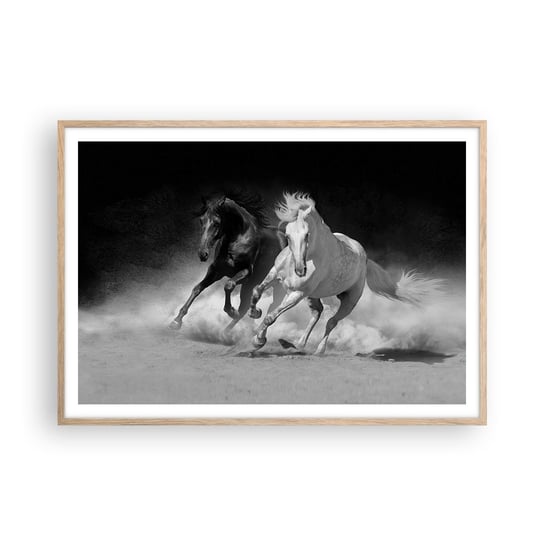 Obraz - Plakat - Galop wolności - 100x70cm - Zwierzęta Koń Galop - Foto Plakaty w ramie koloru jasny dąb do Salonu Sypialni ARTTOR ARTTOR