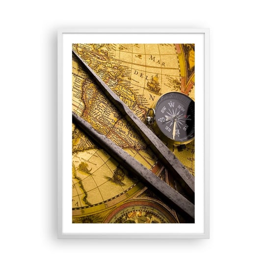 Obraz - Plakat - Gdze te skarby? - 50x70cm - Kompas Mapa Świata Podróże - Nowoczesny modny obraz Plakat rama biała ARTTOR ARTTOR