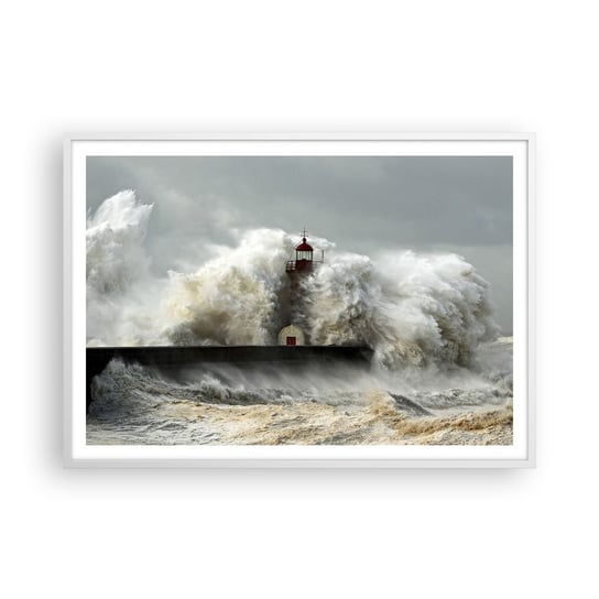 Obraz - Plakat - Gniew oceanu - 100x70cm - Krajobraz Latarnia Morska Sztorm - Foto Plakaty w ramie koloru białego do Salonu Sypialni ARTTOR ARTTOR