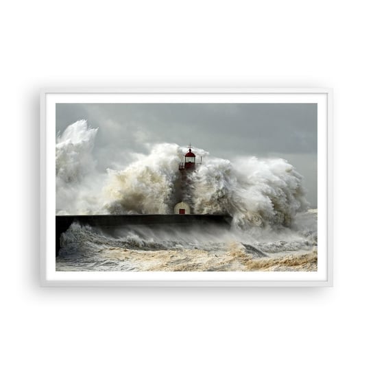 Obraz - Plakat - Gniew oceanu - 91x61cm - Krajobraz Latarnia Morska Sztorm - Foto Plakaty na ścianę w ramie białej - Plakat do Salonu Sypialni ARTTOR ARTTOR