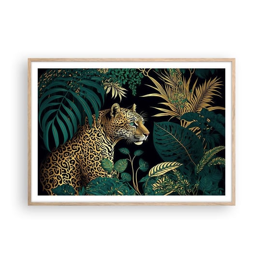Obraz - Plakat - Gospodarz w dżungli - 100x70cm - Lampart Dżungla Tropikalny - Foto Plakaty w ramie koloru jasny dąb do Salonu Sypialni ARTTOR ARTTOR