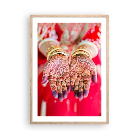 Obraz - Plakat - Gotowa złapać szczęście - 50x70cm - Kobiece Dłonie Orientalne Wzory Indie - Nowoczesny modny obraz Plakat rama jasny dąb ARTTOR ARTTOR