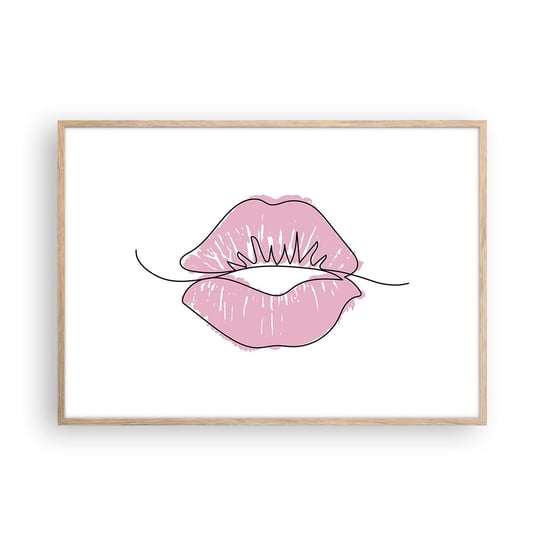Obraz - Plakat - Gotowy do pocałunku? - 100x70cm - Grafika Różowe Usta Sztuka - Foto Plakaty w ramie koloru jasny dąb do Salonu Sypialni ARTTOR ARTTOR