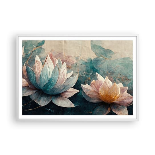 Obraz - Plakat - Gwiazdy jeziora - 100x70cm - Kwiaty Art Deco Lotos - Foto Plakaty w ramie koloru białego do Salonu Sypialni ARTTOR ARTTOR
