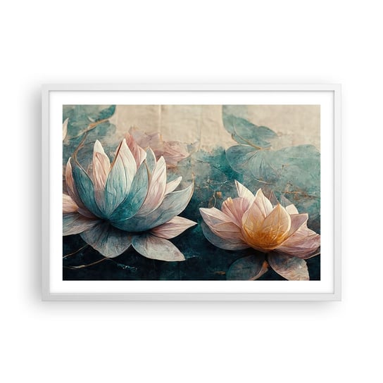 Obraz - Plakat - Gwiazdy jeziora - 70x50cm - Kwiaty Art Deco Lotos - Nowoczesny modny obraz Plakat rama biała ARTTOR ARTTOR