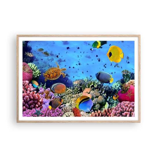 Obraz - Plakat - I co my wiemy o życiu... - 100x70cm - Rafa Koralowa Podwodny Świat Ryby - Foto Plakaty w ramie koloru jasny dąb do Salonu Sypialni ARTTOR ARTTOR