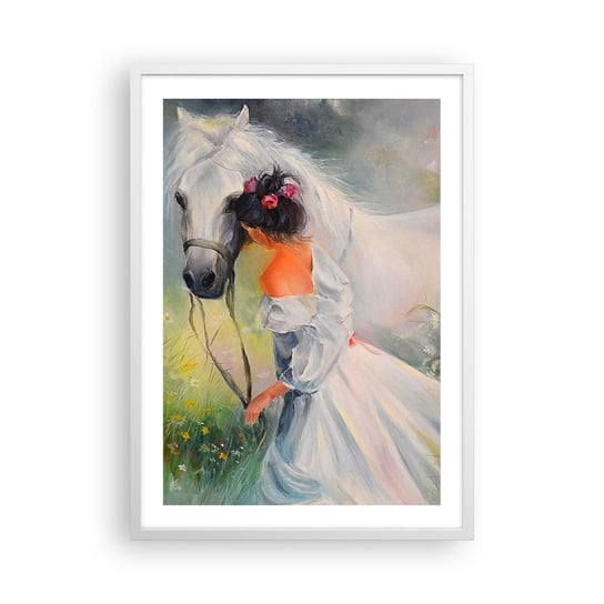 Obraz - Plakat - Jak z pięknego snu - 50x70cm - Kobieta Koń Łąka - Nowoczesny modny obraz Plakat rama biała ARTTOR ARTTOR