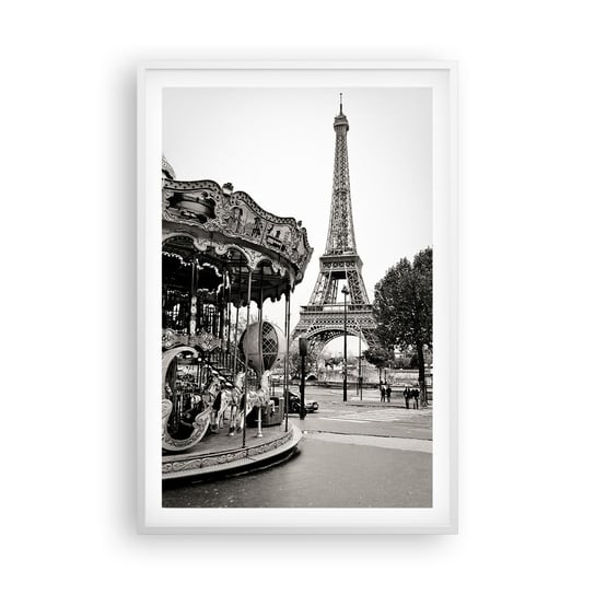 Obraz - Plakat - Jak zabawa, to tylko w Paryżu - 61x91cm - Karuzela Wieża Eiffla Paryż - Foto Plakaty na ścianę w ramie białej - Plakat do Salonu Sypialni ARTTOR ARTTOR
