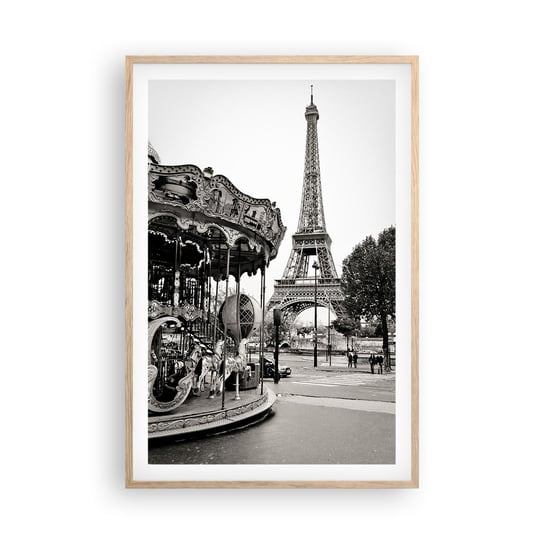 Obraz - Plakat - Jak zabawa, to tylko w Paryżu - 61x91cm - Karuzela Wieża Eiffla Paryż - Foto Plakaty na ścianę w ramie jasny dąb - Plakat do Salonu Sypialni ARTTOR ARTTOR