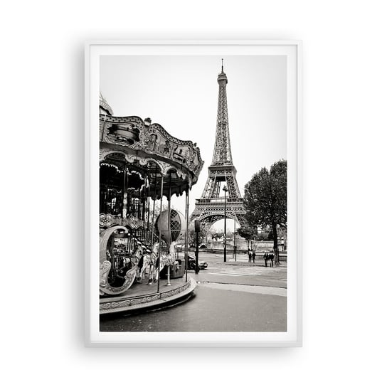 Obraz - Plakat - Jak zabawa, to tylko w Paryżu - 70x100cm - Karuzela Wieża Eiffla Paryż - Foto Plakaty w ramie koloru białego do Salonu Sypialni ARTTOR ARTTOR
