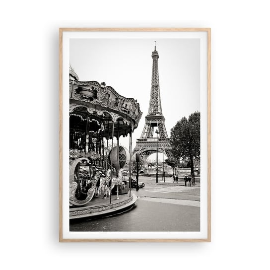 Obraz - Plakat - Jak zabawa, to tylko w Paryżu - 70x100cm - Karuzela Wieża Eiffla Paryż - Foto Plakaty w ramie koloru jasny dąb do Salonu Sypialni ARTTOR ARTTOR