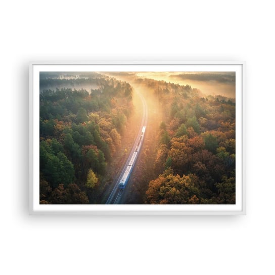 Obraz - Plakat - Jesienna podróż - 100x70cm - Transport Kolejowy Krajobraz Górski Pociąg Pasażerski - Foto Plakaty w ramie koloru białego do Salonu Sypialni ARTTOR ARTTOR